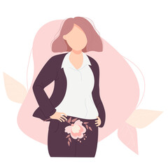 Beautiful business girl With hair in a suit with a flower in her hand. Vector illustration. Womens health and menstruation concept. Character for design, decor, banners and posters