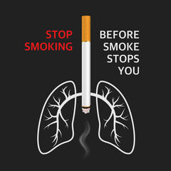Vector 3d Realistic Cigarette, Lungs, Smoke and Quote on Black Background. May 31st World No Tobacco Day. No Smoking Day Awareness. Stop Smoking Campaign, Concept