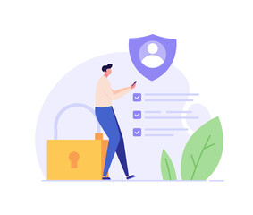 Terms and conditions concept. Man reading document, protecting personal data, checking documents. Concept of account security, privacy policy, user agreement. Vector illustration in flat design - obrazy, fototapety, plakaty