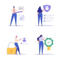 Terms and conditions concept. Characters set. People sign and check document, protect personal data. Concept of account security, privacy policy, user agreement. Vector illustration in flat design