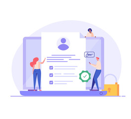 Terms and conditions concept. People signing document, protecting personal data, checking documents. Concept of account security, privacy policy, user agreement. Vector illustration in flat design