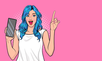 Surprised woman pointing with smartphone