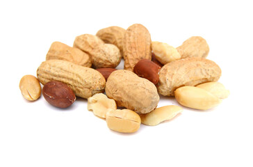 Composition from nuts on the white isolated background 