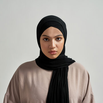 Portrait of serious young arabic woman in black hijab