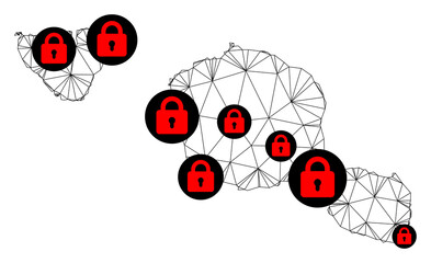 Polygonal mesh lockdown map of Tahiti and Moorea islands. Abstract mesh lines and locks form map of Tahiti and Moorea islands.