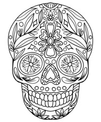 Skull with floral ornaments for coloring on a white background, vector, Day of the Dead, Mexican Festival.