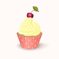 Vector illustration festive cupcake with yellow whipped cream and cherry on white background. Isolated clipart with one sweet cake