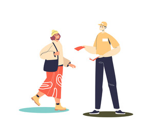 Man promoter giving leaflets to attract new clients offline. Outdoor promotion distribution