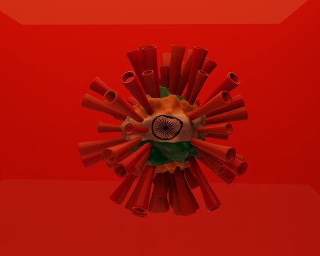 Covid India and indian variant. background, covid-19 virus with flag. New stamp delta plus. 3d render. Illustration.