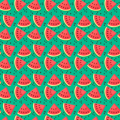 A pattern of watermelon pieces on a green background