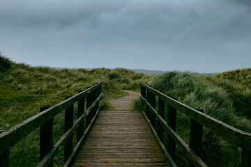 Obraz premium wooden bridge over sand dunes on the wild Atlantic way in Ireland. 