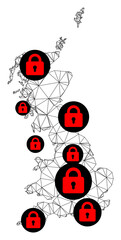 Polygonal mesh lockdown map of Great Britain. Abstract mesh lines and locks form map of Great Britain. Vector wire frame 2D polygonal line network in black color with red locks.