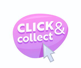 Click and Collect Pink Bubble with Arrow Pointer Isolated on White Background. Online Shopping and Goods Ordering