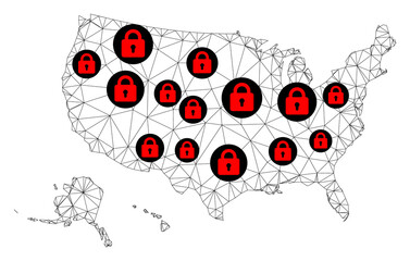 Polygonal mesh lockdown map of USA territories. Abstract mesh lines and locks form map of USA territories. Vector wire frame 2D polygonal line network in black color with red locks.