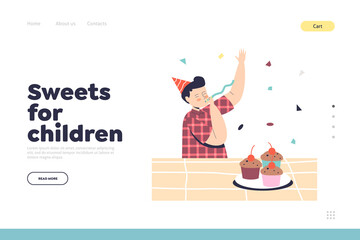 Sweets for children concept of landing page with preschool boy on kids party eat cupcake