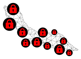 Polygonal mesh lockdown map of Curacao Island. Abstract mesh lines and locks form map of Curacao Island. Vector wire frame 2D polygonal line network in black color with red locks.