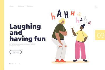 Laughing and having fun landing page with two girls giggling. Cute female friends tell funny stories