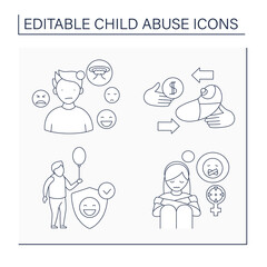 Child abuse line icons set. Sexual abuse, kid trafficking, protective services, emotionality. Crime concept. Isolated vector illustration. Editable stroke - obrazy, fototapety, plakaty