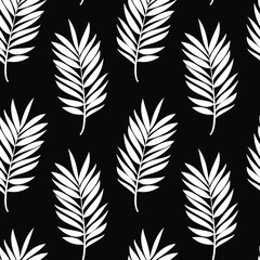 White branches of a palm tree on a black background. Seamless modern pattern for textiles, trendy fabrics, bed linen, decorative pillows, photo wallpaper, interior design. Vector.