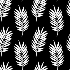 Obraz premium White branches of a palm tree on a black background. Seamless modern pattern for textiles, trendy fabrics, bed linen, decorative pillows, photo wallpaper, interior design. 