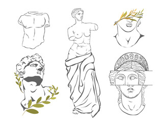 Various Antique statues. Aphrodite Venus Portrait. Antique greek sculpture set. Antique statues, branch, amphora, column. Vector illustration EPS10