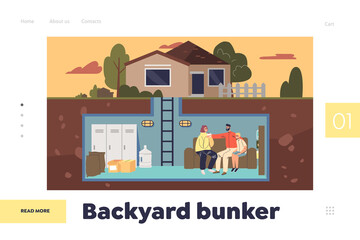 Backyard bunker concept of landing page with family in underground home safe room with food supplies