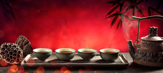 Tea - Japanese Ceremony With Hot Teapot And Teacups On Red Background