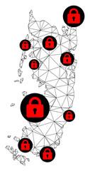 Polygonal mesh lockdown map of Pemba island. Abstract mesh lines and locks form map of Pemba island. Vector wire frame 2D polygonal line network in black color with red locks.