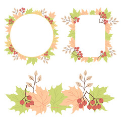 Autumn pattern of leaves. A set of round and rectangular frames from multi-colored maple leaves, red rowan berries and branches. Vector illustration. for print, decor, postcards, design and posters
