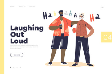 Laughing out loud concept of landing page with two adult men giggling. Male friends telling jokes