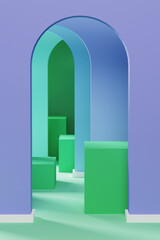 3D illustration of purple arches and green cubes