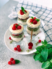 Sweet homemade trifle dessert with raspberries and cream cheese.