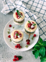 Sweet homemade trifle dessert with raspberries and cream cheese.