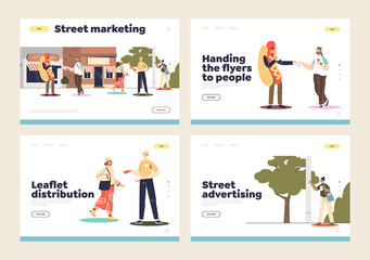 Street marketing and promotion distribution set of landing pages with promoter distributing flyers