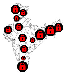 Polygonal mesh lockdown map of India. Abstract mesh lines and locks form map of India. Vector wire frame 2D polygonal line network in black color with red locks.