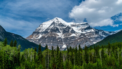 An unusual sight. Mount Robson, the highest peak in the Canadian Rockies, British Columbia, Canada on a clear day. It is usually covered under a cloud blanket