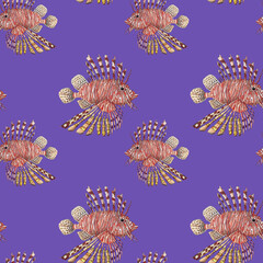 Lion fish on purple background seamless pattern