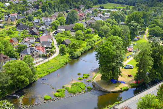 Jizera River and the village of Mala Skala (Little Rock). Mala Skala is located around 8km north-east of Turnov, it lies on both banks of the Jizera river, Bohemian Paradise region, Czech Republic