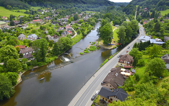 Jizera River and the village of Mala Skala (Little Rock). Mala Skala is located around 8km north-east of Turnov, it lies on both banks of the Jizera river, Bohemian Paradise region, Czech Republic