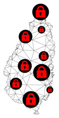 Polygonal mesh lockdown map of Saint Lucia Island. Abstract mesh lines and locks form map of Saint Lucia Island. Vector wire frame 2D polygonal line network in black color with red locks.