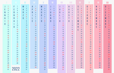 Rainbow Calendar 2022 year in Italian. New 2022 linear calendar template. 12 months vertically of different colors on light background. Stock vector