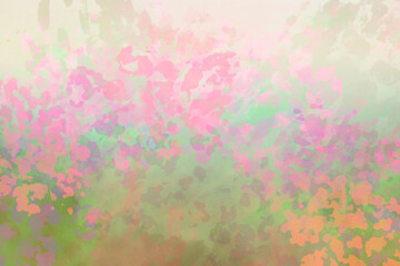 Fototapeta na wymiar Abstract background of painted blotches of color, pink purple, peach, orange, and green in abstract impressionistic flowers in blobs of texture