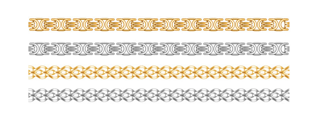 Seamless chain borders. Gold and silver chains elements jewelry objects for necklaces and bracelet