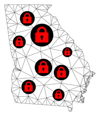Polygonal mesh lockdown map of Georgia State. Abstract mesh lines and locks form map of Georgia State. Vector wire frame 2D polygonal line network in black color with red locks.