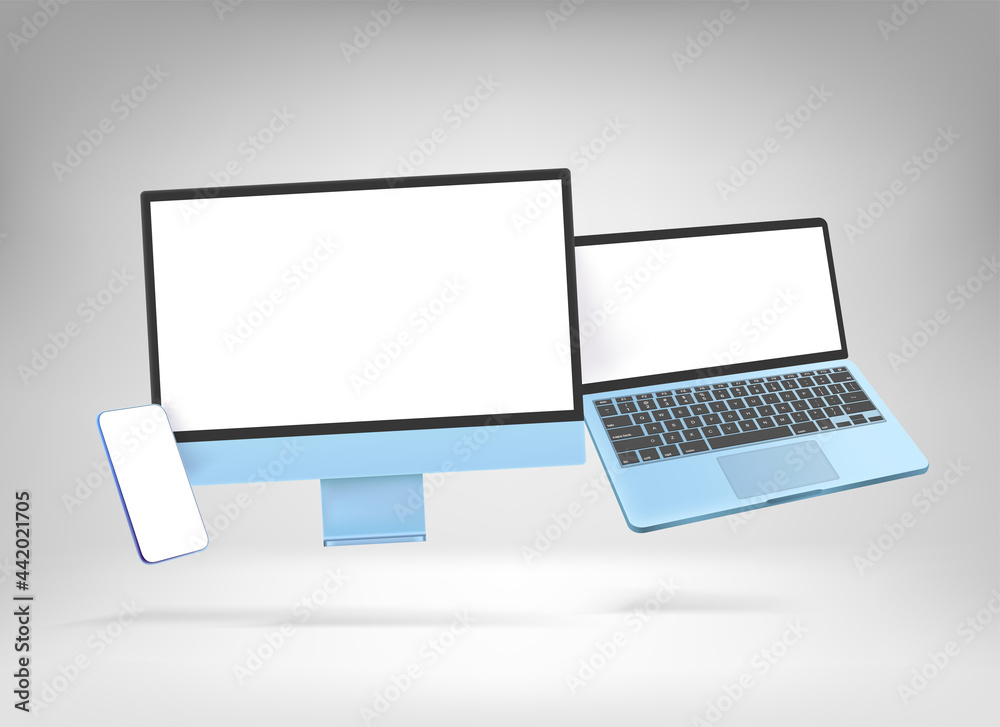 Poster modern color desktop personal computer, laptop and smartphone mockup. levitation effect