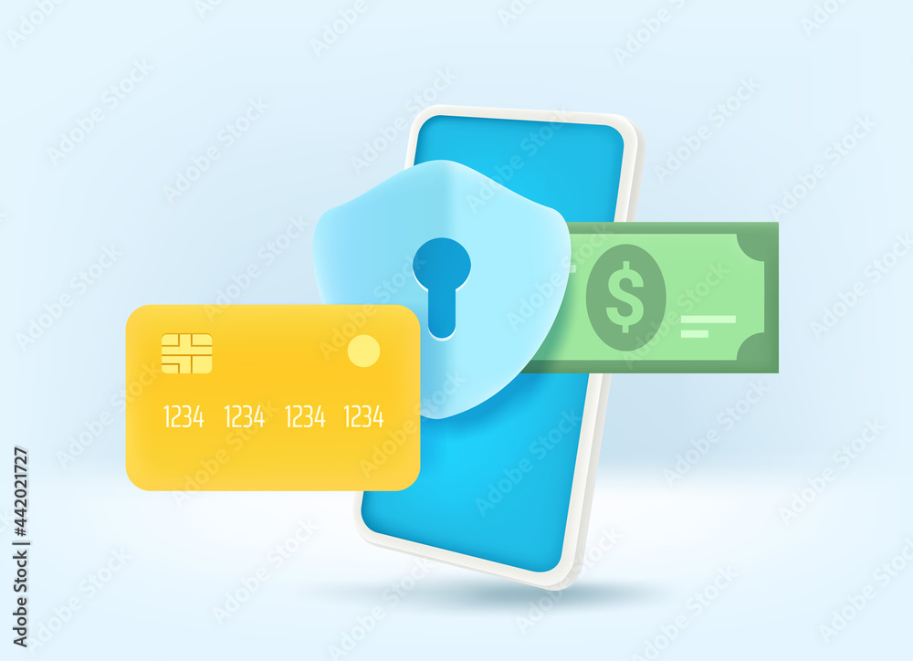 Aufkleber Secure payment via mobile application. 3d style vector illustration