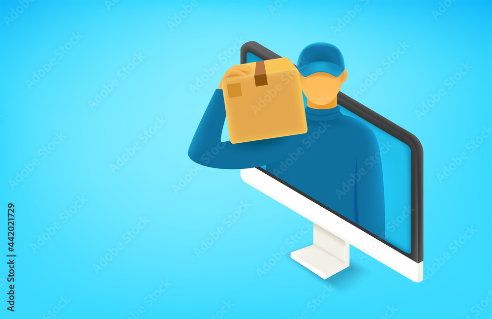 Aufkleber Internet shopping concept. Postman with the box on computer monitor