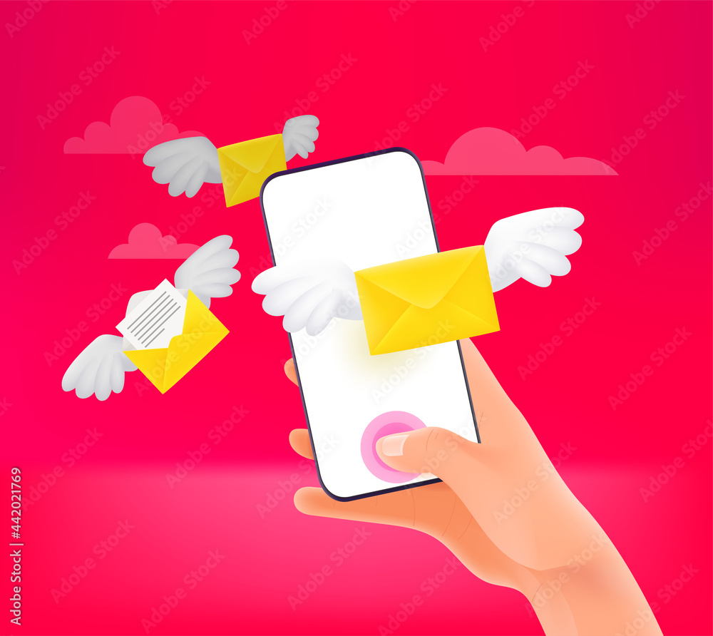 Aufkleber Sending emails via mobile phone. 3d style vector concept