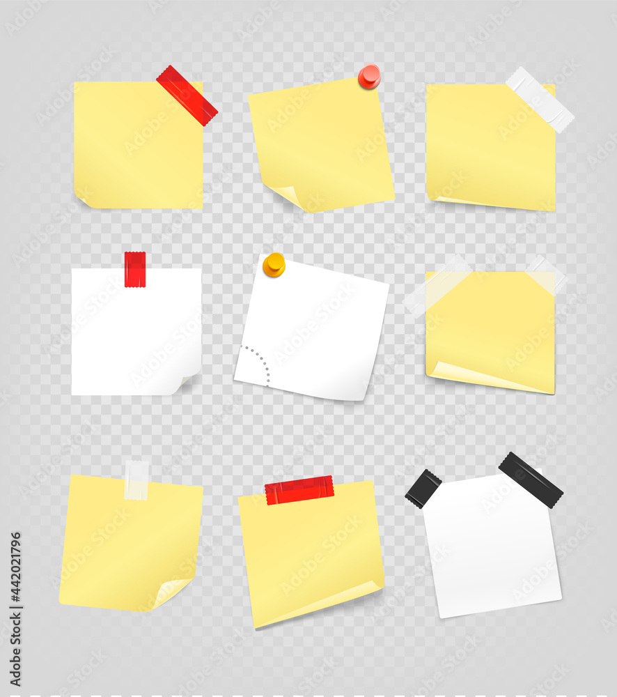 Poster paper stickers with tape patches and pins. vector set