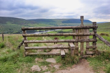 Fototapeta na wymiar five bar wooden fence with stile and dog on other side with countryside view
